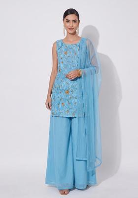 Sky Blue Embroidered Tissue Sharara Set