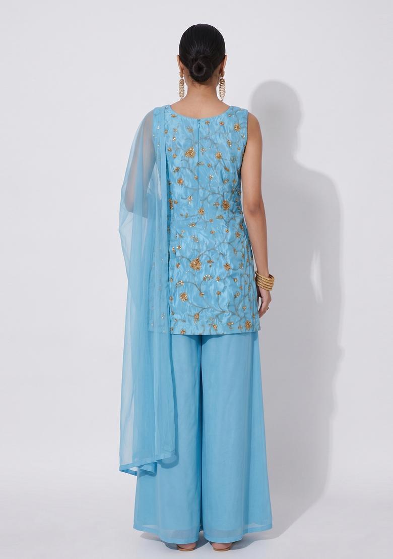 Sky Blue Embroidered Tissue Sharara Set - Indya