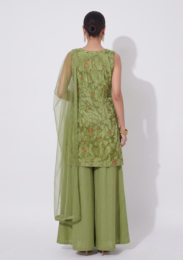 Olive Green Embroidered Tissue Sharara Set - Indya