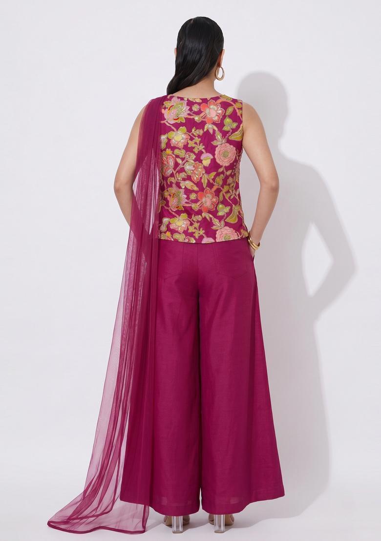 Deep Wine Embroidered Silk Blend Sharara Set - Indya