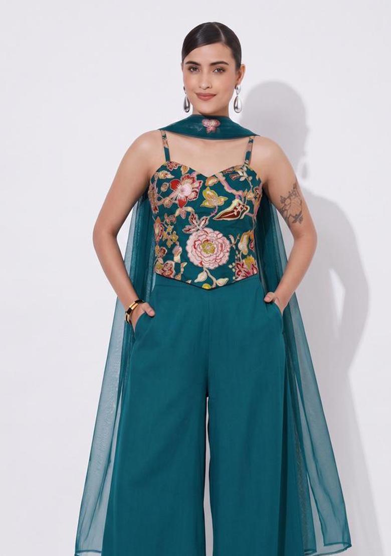 Dark Teal Embroidered Silk Blend Sharara Set - Indya