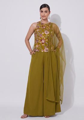 Olive Green Embroidered Silk Blend Sharara Set
