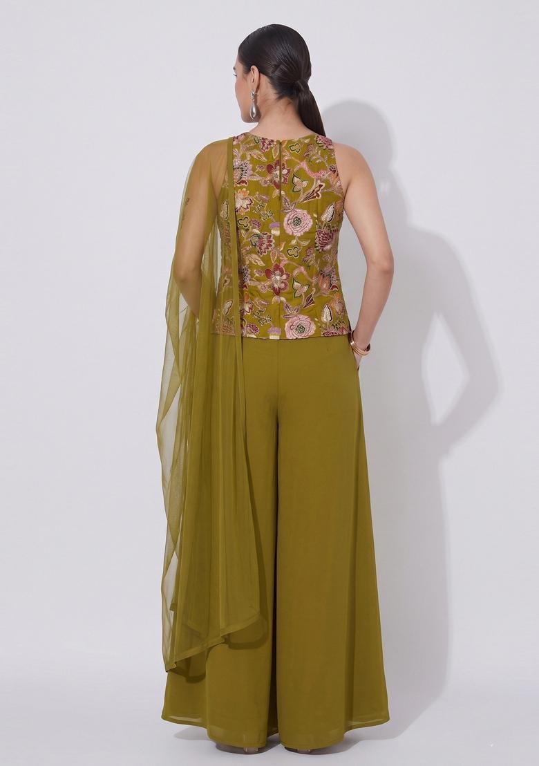 Olive Green Embroidered Silk Blend Sharara Set - Indya