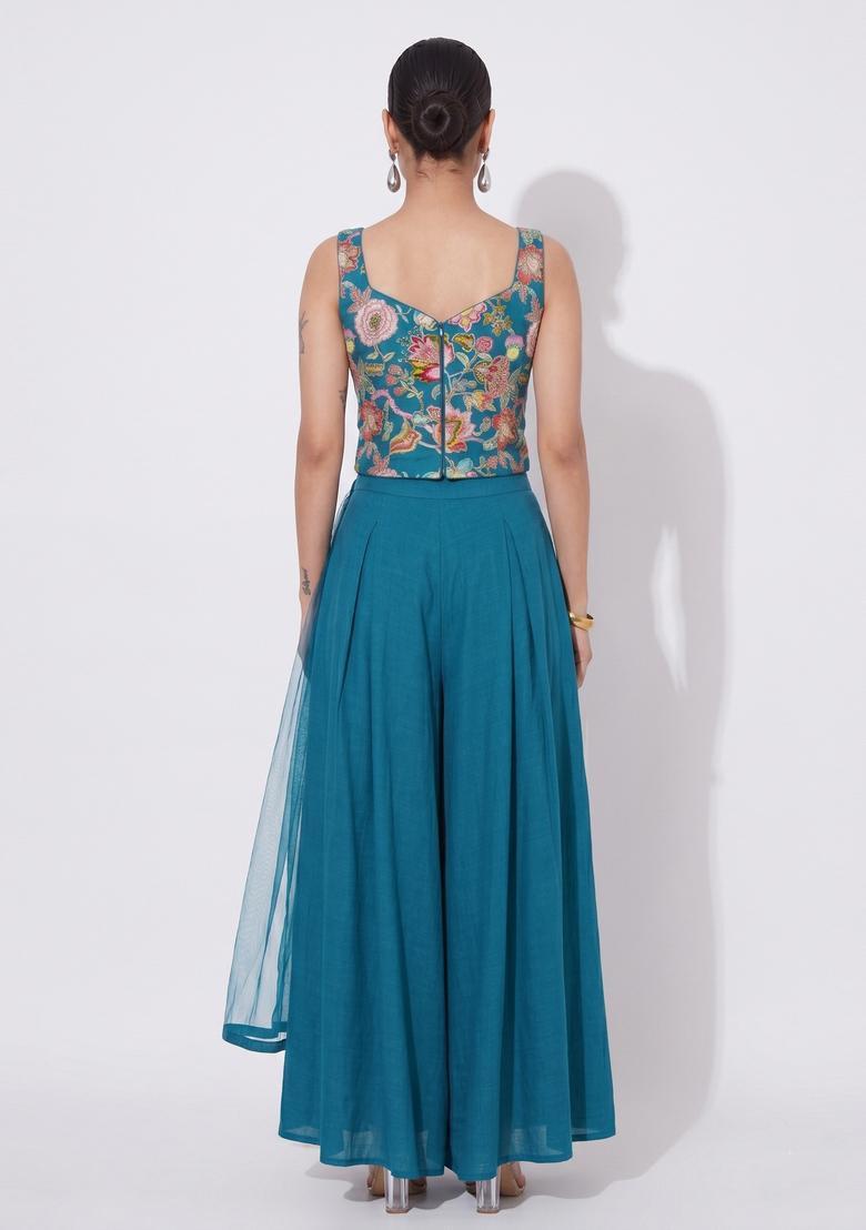Dark Teal Embroidered Silk Blend Sharara Set - Indya
