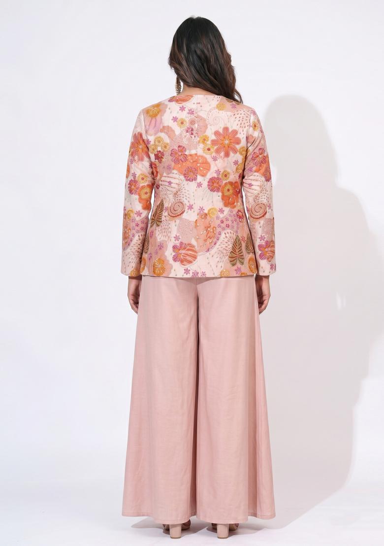 Dusty Peach Floral Print Crepe Sharara Set - Indya