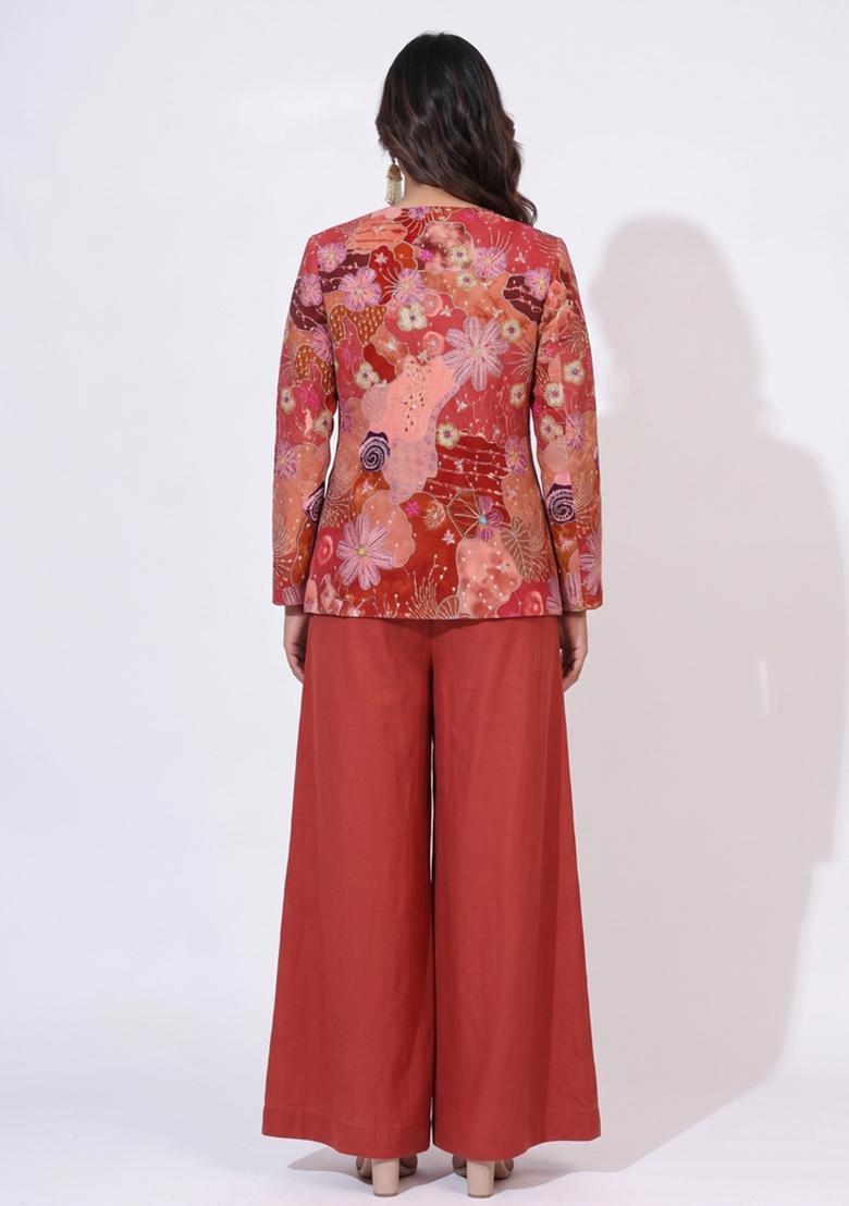Rust Orange Floral Print Crepe Sharara Set - Indya