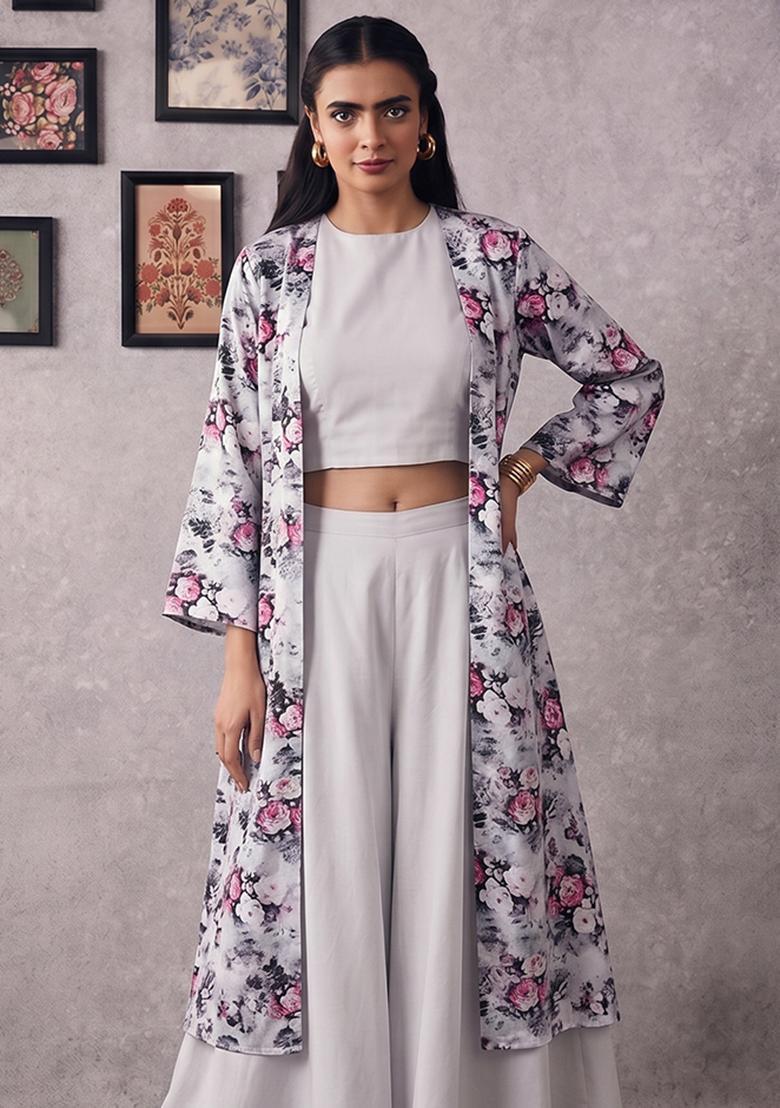 Light Grey Printed Crepe Fusion Set - Indya