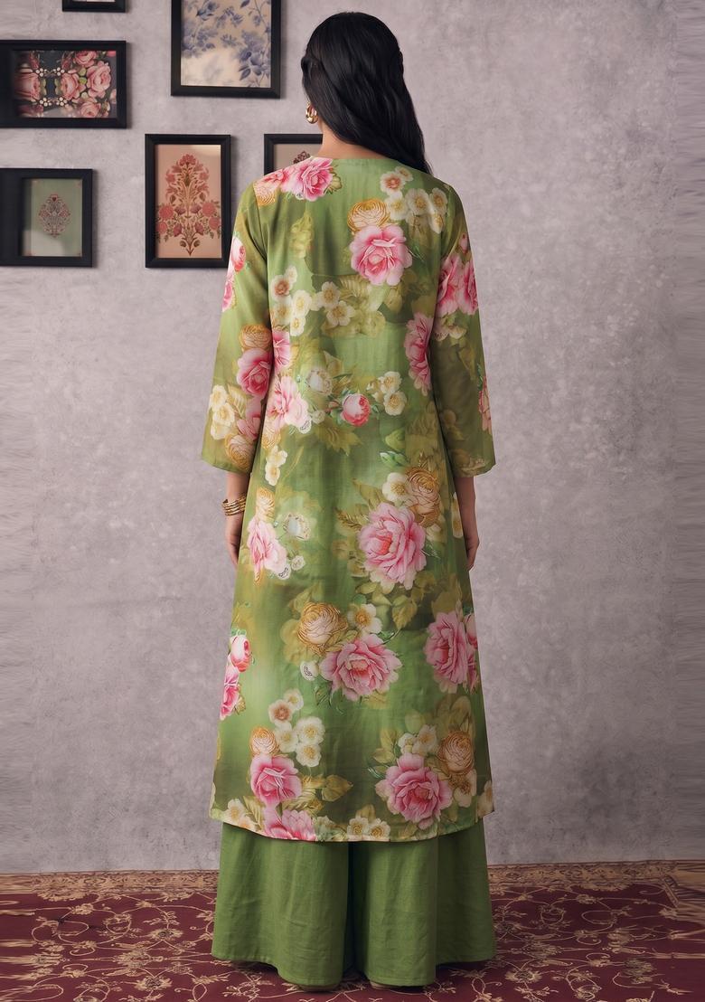 Olive Green Printed Poly Blend Fusion Set - Indya