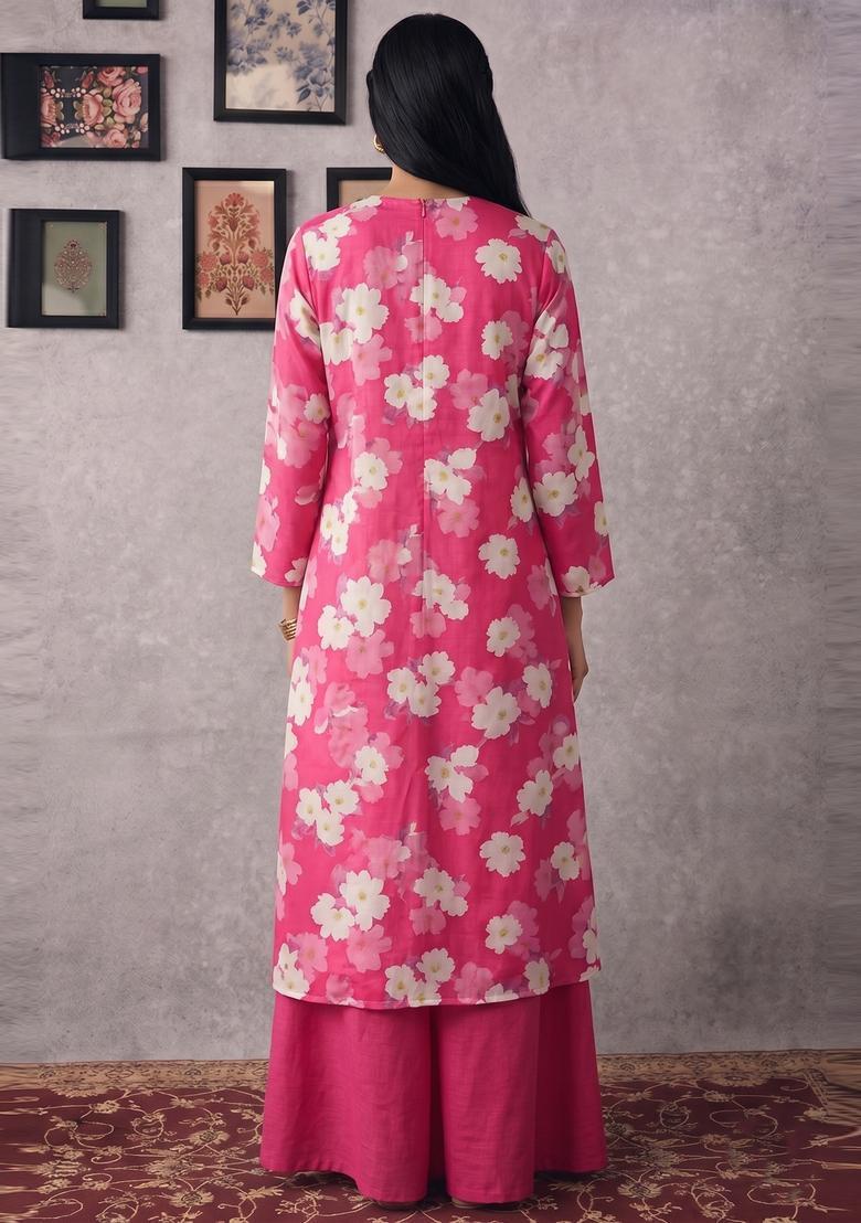 Powder Blue Printed Crepe Fusion Set - Indya