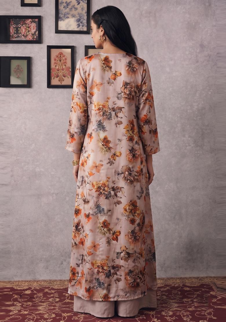 Light Beige Printed Crepe Fusion Set - Indya