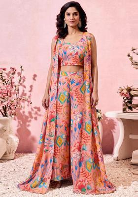 Peach Pink Printed Crepe Fusion Set