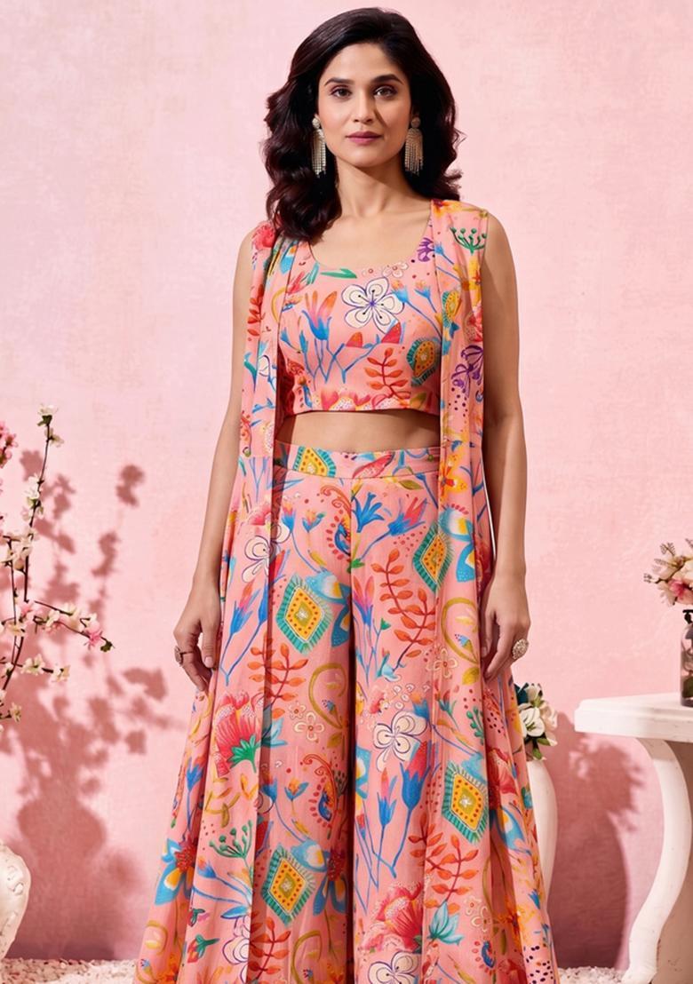 Peach Pink Printed Crepe Fusion Set - Indya