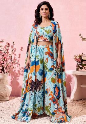 Sky Blue Printed Crepe Fusion Set