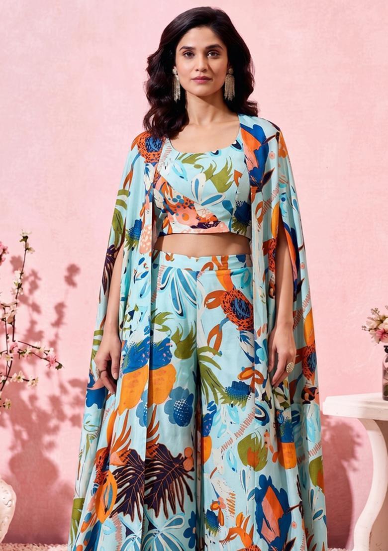 Sky Blue Printed Crepe Fusion Set - Indya