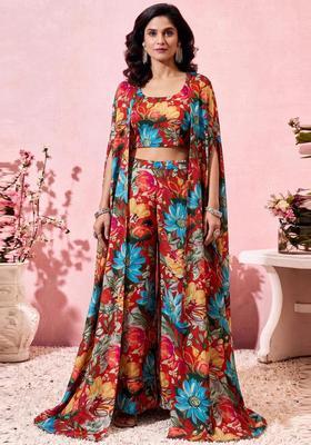 Sea Green Printed Crepe Fusion Set