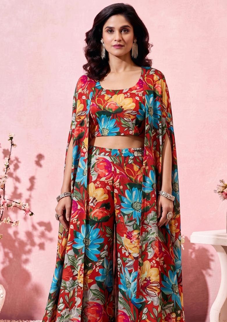 Sea Green Printed Crepe Fusion Set - Indya