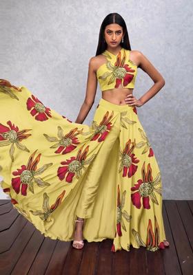 Mustard Yellow Printed Satin Fusion Set