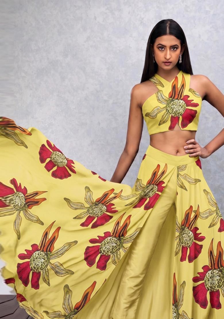 Mustard Yellow Printed Satin Fusion Set - Indya