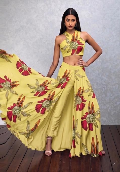 Mustard Yellow Printed Satin Fusion Set