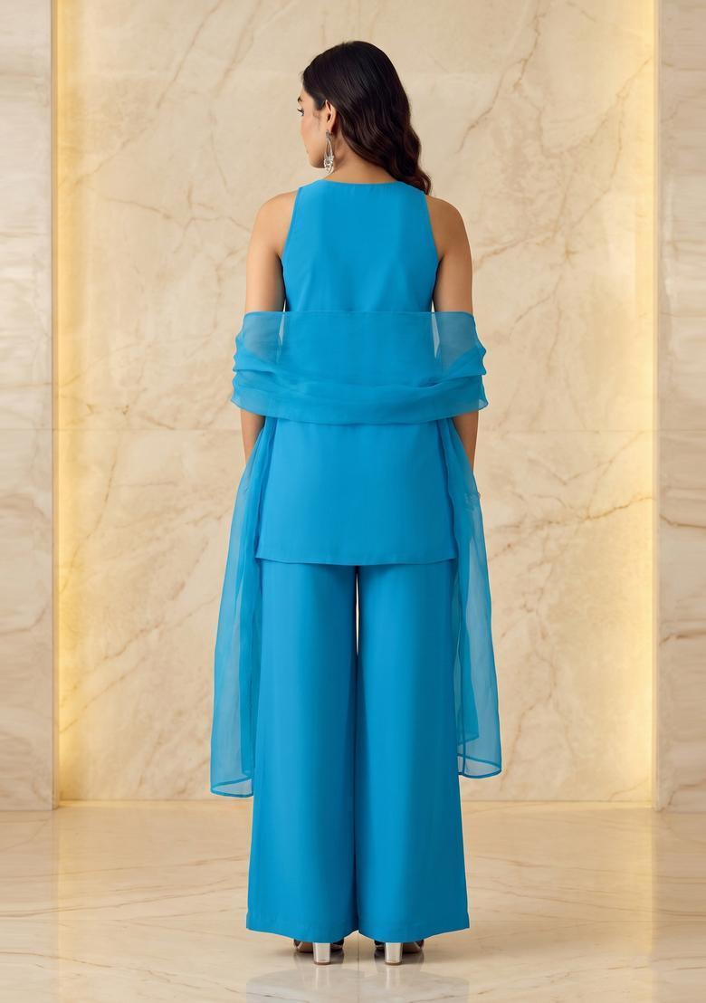 Blue Embroidered Handwork Sharara Set - Indya