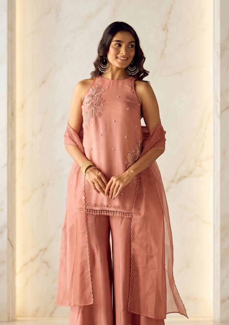 Dusty Pink Embroidered Handwork Sharara Set - Indya