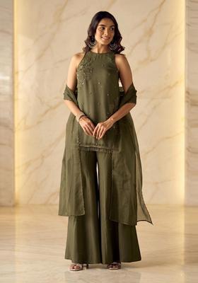 Dusty Olive Embroidered Handwork Sharara Set