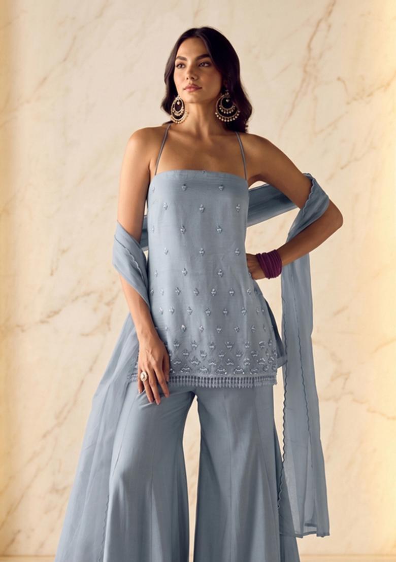Dusty Blue Embroidered Handwork Sharara Set - Indya
