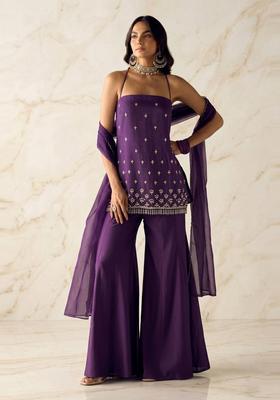 Deep Purple Embroidered Handwork Sharara Set
