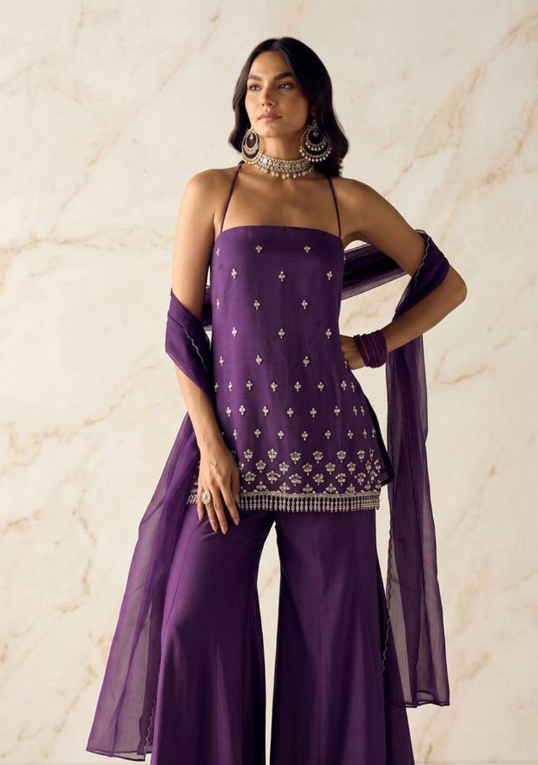 Deep Purple Embroidered Handwork Sharara Set - Indya
