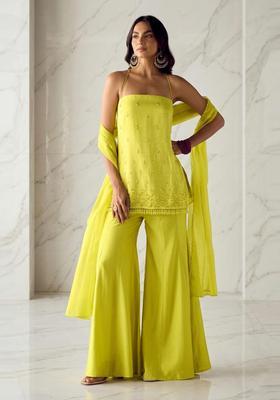 Lemon Yellow Embroidered Handwork Sharara Set