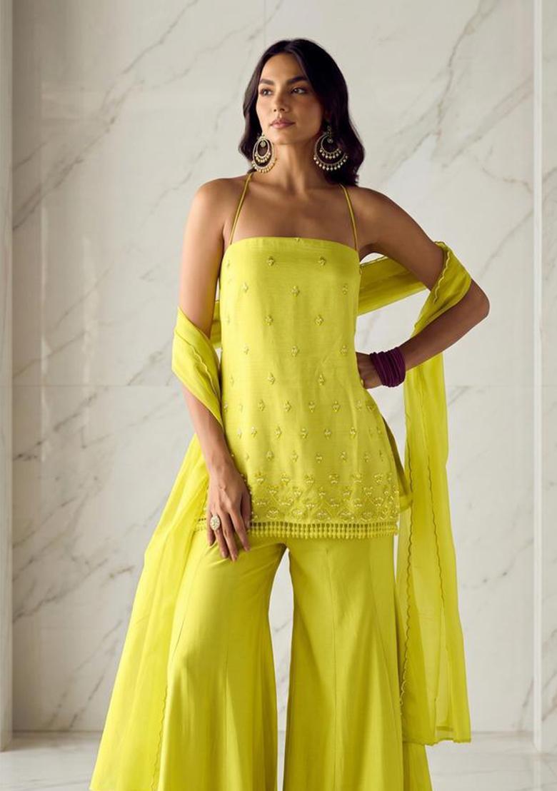 Lemon Yellow Embroidered Handwork Sharara Set - Indya
