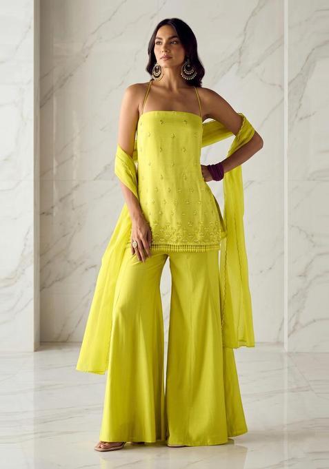 Lemon Yellow Embroidered Handwork Sharara Set