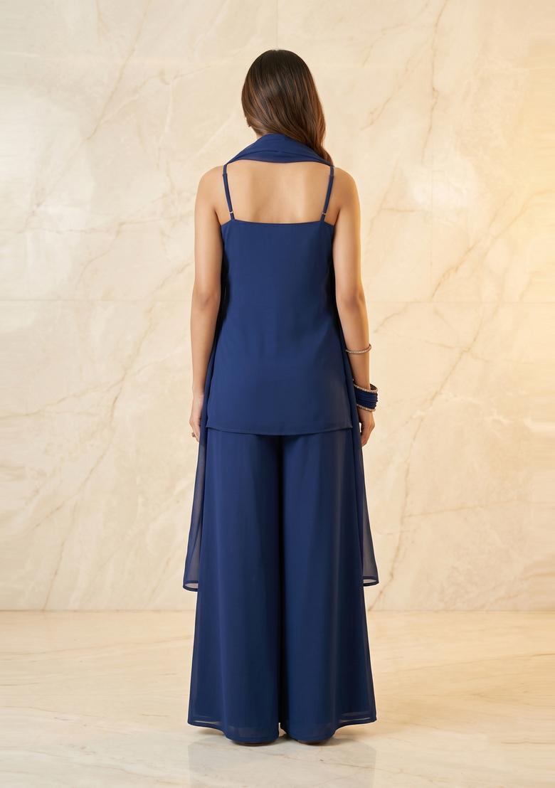 Dark Blue Embroidered Handwork Sharara Set - Indya