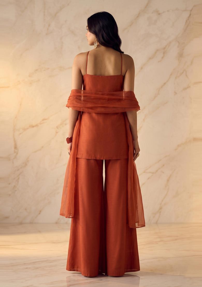 Rust Orange Embroidered Handwork Sharara Set - Indya