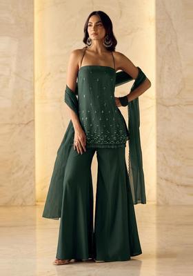 Dark Green Embroidered Handwork Sharara Set
