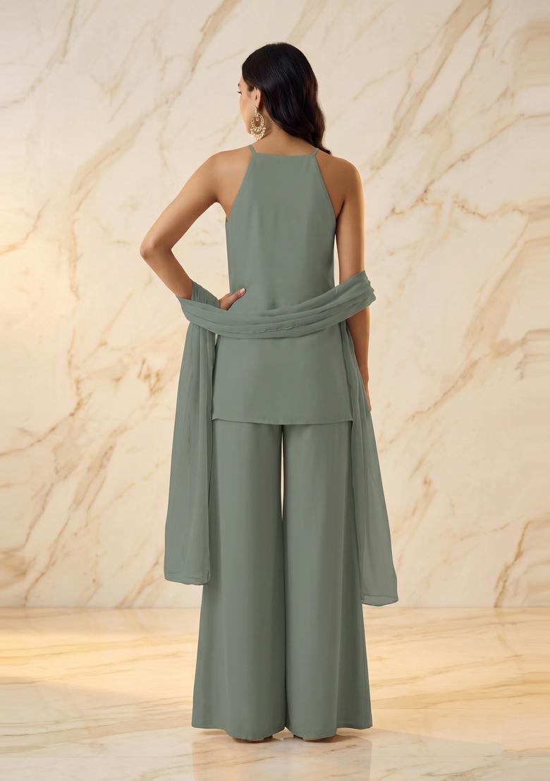 Pastel Green Embroidered Handwork Sharara Set - Indya