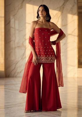 Red Embroidered Handwork Sharara Set