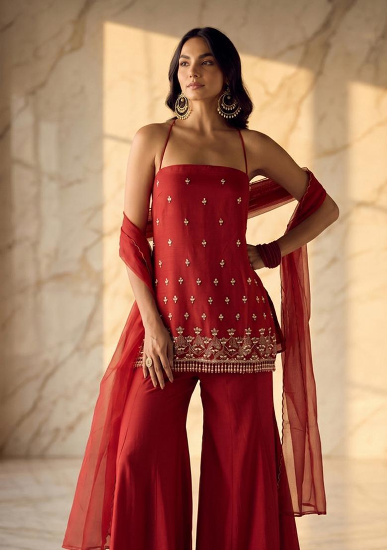 Red Embroidered Handwork Sharara Set - Indya