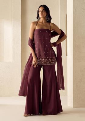 Deep Wine Embroidered Handwork Sharara Set