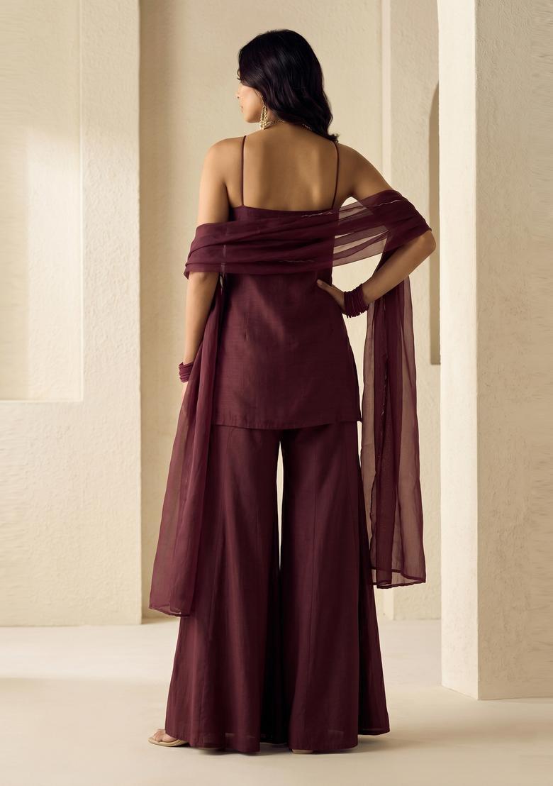 Deep Wine Embroidered Handwork Sharara Set - Indya