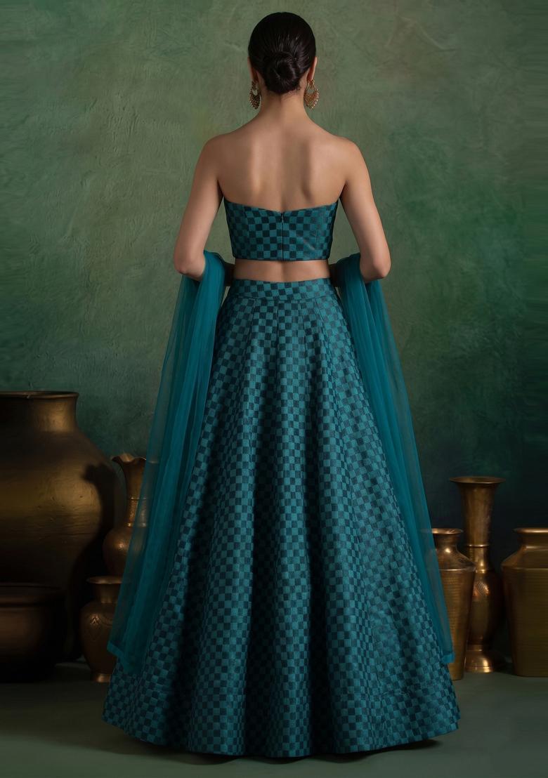 Teal Brocade Lehenga Set - Indya
