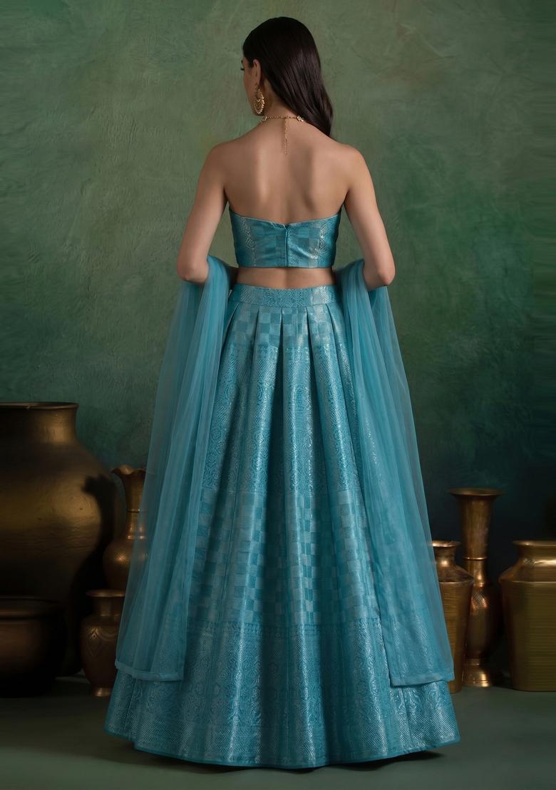 Light Blue Brocade Lehenga Set - Indya