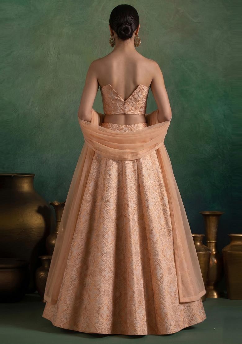 Peach Brocade Lehenga Set - Indya