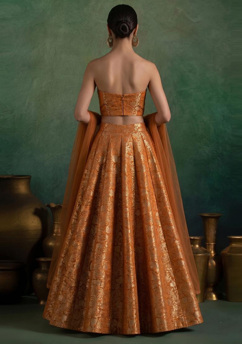 Rust Orange Brocade Lehenga Set - Indya