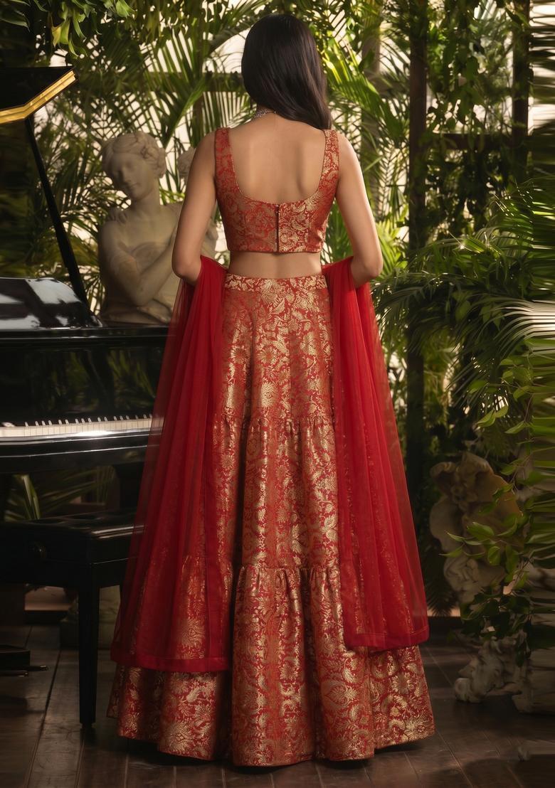 Deep Red Brocade Lehenga Set - Indya