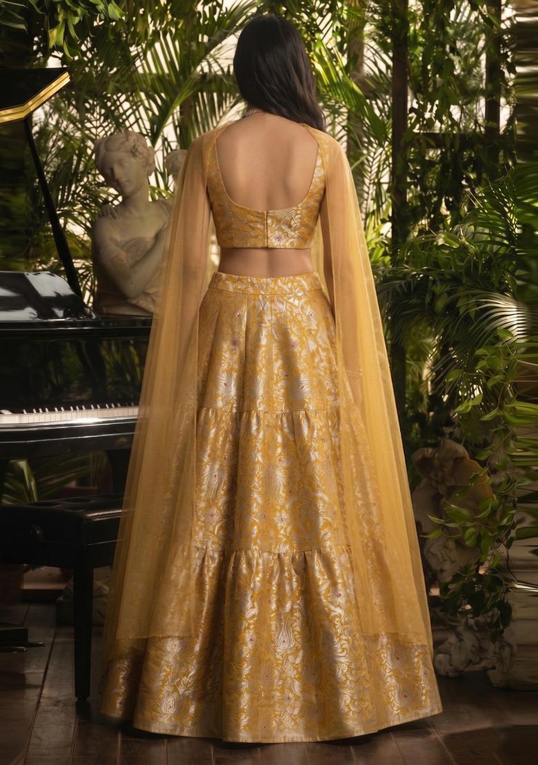 Mustard Brocade Lehenga Set - Indya