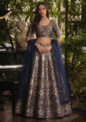 Navy Blue Brocade Lehenga Set