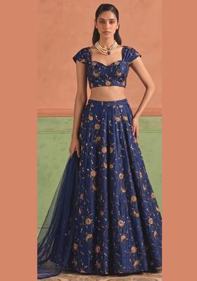 Navy Blue Embroidered Tissue Lehenga Set