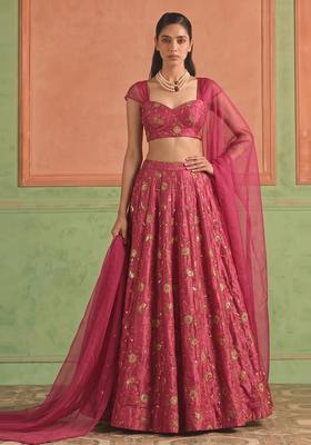 Dark Pink Embroidered Tissue Lehenga Set