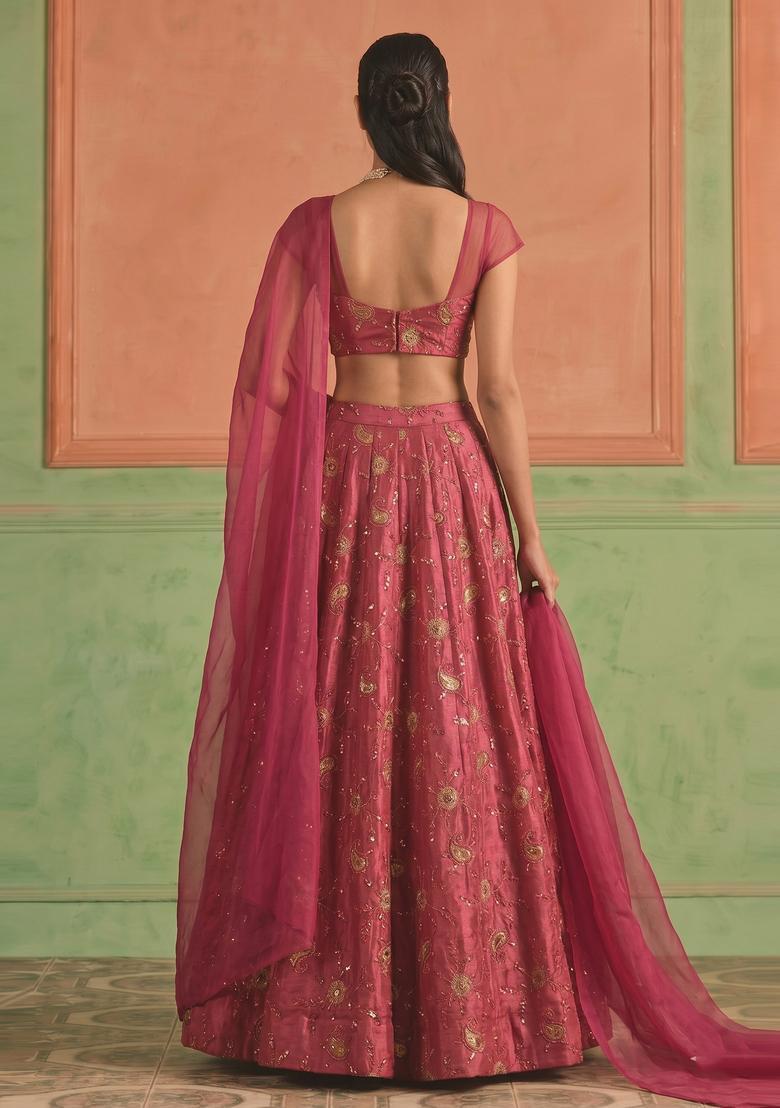 Dark Pink Embroidered Tissue Lehenga Set - Indya